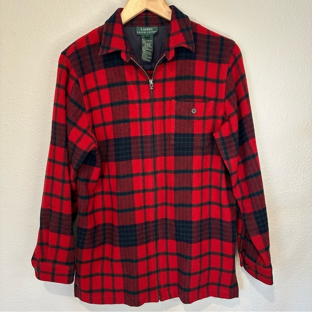 Ralph Lauren Women’s Red and Navy 100% Lambswool Zippered Shirt
